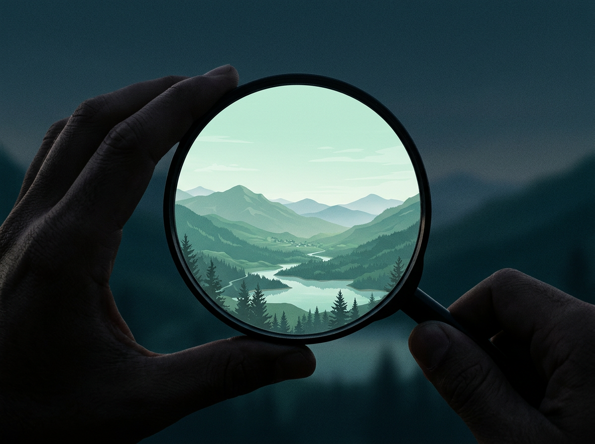 Illustration : deux mains tiennent une loupe qui montre un paysage de montagnes net