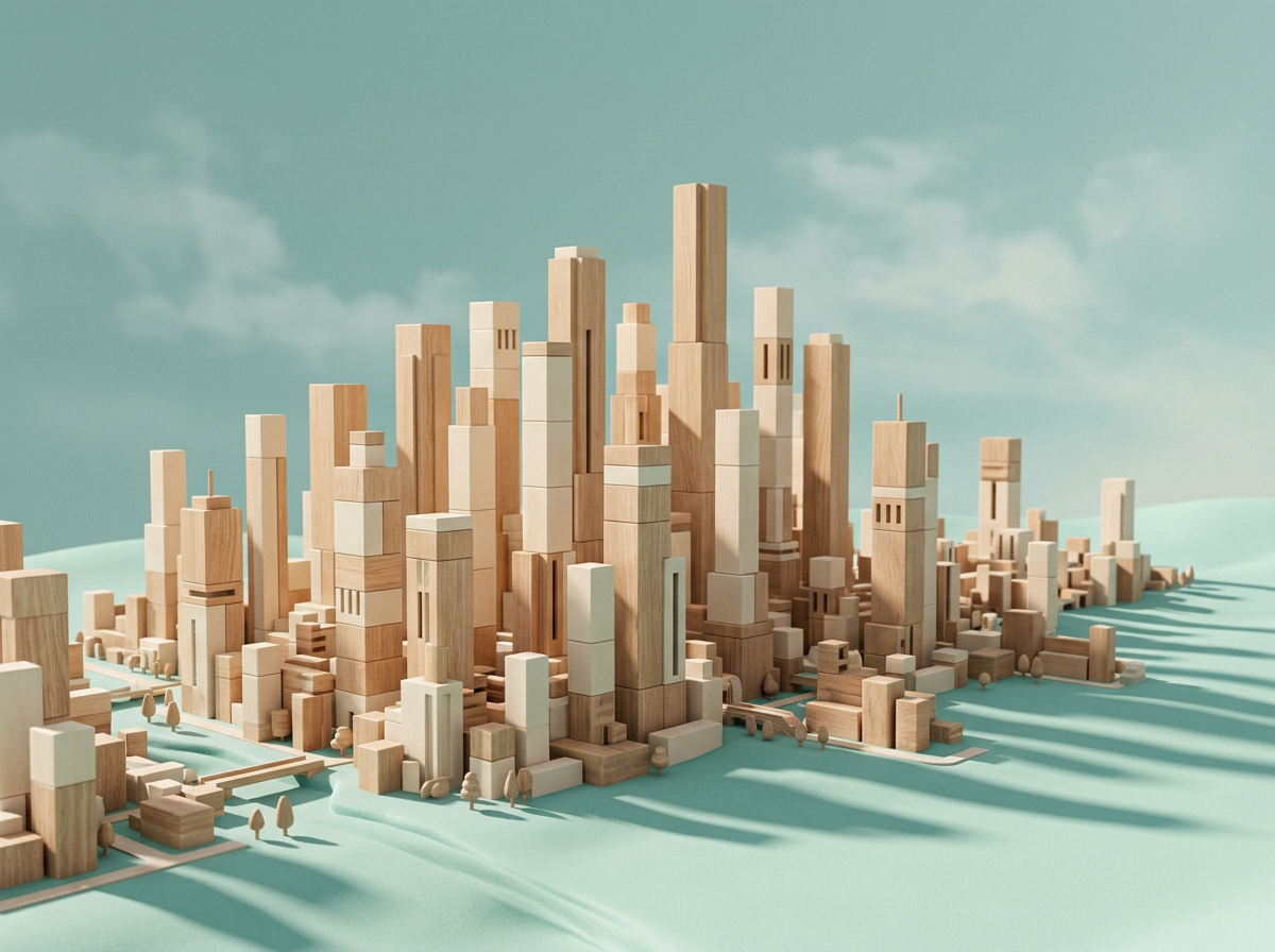 Illustration : une ville miniature de tours en bois clair sur un sol vert d’eau