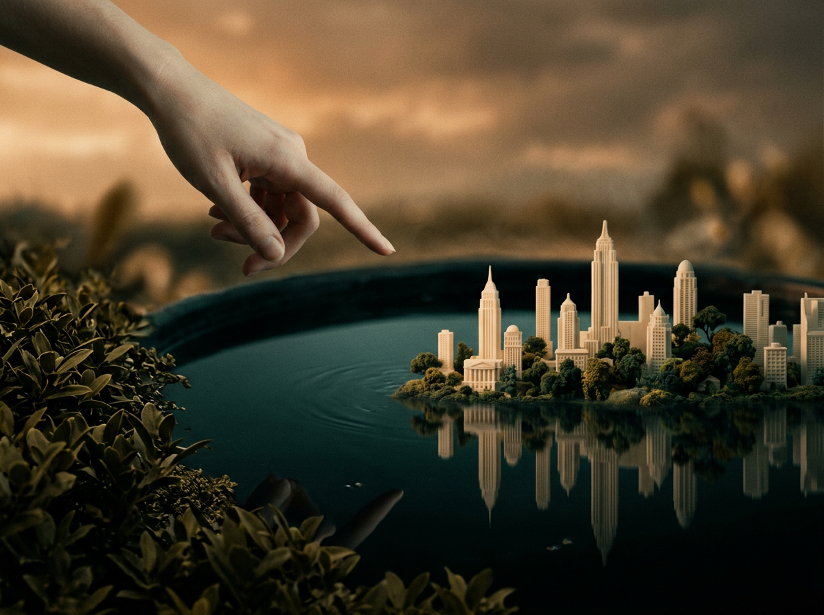 Illustration : une main pointe vers une ville miniature qui se reflète dans un bassin sombre